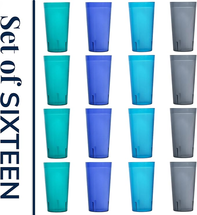 US Acrylic Cafe Plastic Reusable Tumblers (Set of 16) 20-ounce Water Cups Coastal Colors | Restaurant Style Drinking Glasses Value Set, Stackable, BPA-free, Made in the USA | Top-rack Dishwasher Safe