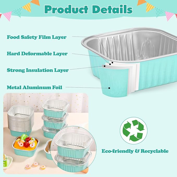 selizo 60 Pack 10oz Mini Disposable Cake Pans with Lids, Aluminum Foil Square Baking Cups, 4.4x4.4 Large Baking Cake Tins Cup Cake Containers with Lids for Thanksgiving Individual Cakes