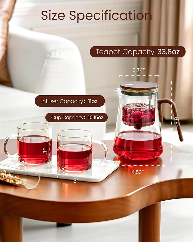 ZENS Magnetic Glass Teapot with Infuser and 2 Cups for Loose Tea, 34oz | Enchanti Magnetic Teapot, Magic Mess Free Loose Leaf Tea Steeper for Tea Lovers Gift, Walnut Pattern