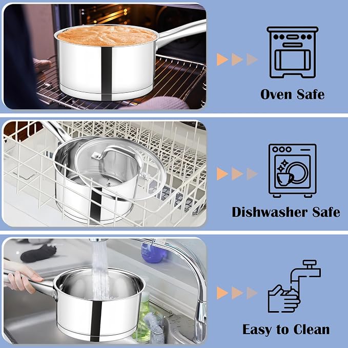 TeamFar 3 qt Saucepan, Stainless Steel Small Sauce Milk Pan with Lid | with Tri-ply Bottom for Cooking/Boiling/Stewing, For Induction/Gas/Electric, Non-Toxic & Heavy Duty, Dishwasher Safe