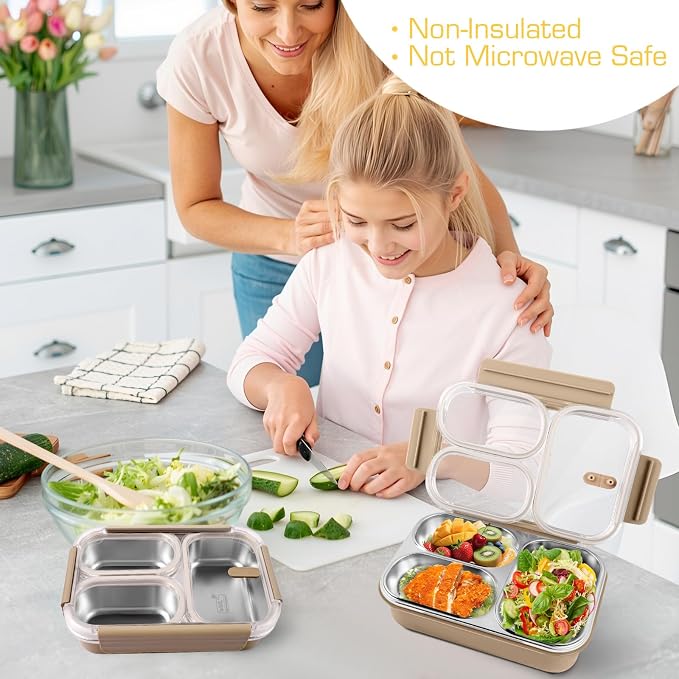 Stainless Steel Lunch Box, 3 Compartments Metal Bento Box for Kids, 25oz Lunch Container with Leakproof Lid, Divided Meal Prep Box for Adults, Kids - Ideal for Office, School, Healthy Eating