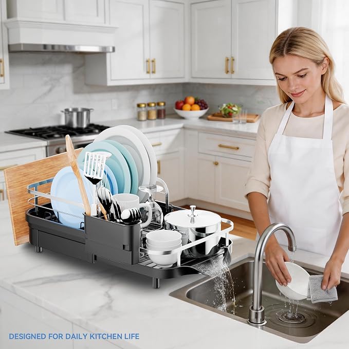 Expandable Stainless Steel Single Tier Dish Drying Rack, Auto Drain Dish Drainer for Kitchen Counter with Rotatable Multi-Slot, Drainboard, Utensil & Cutting Board Holder, 15"-22.4" Adjustable Length