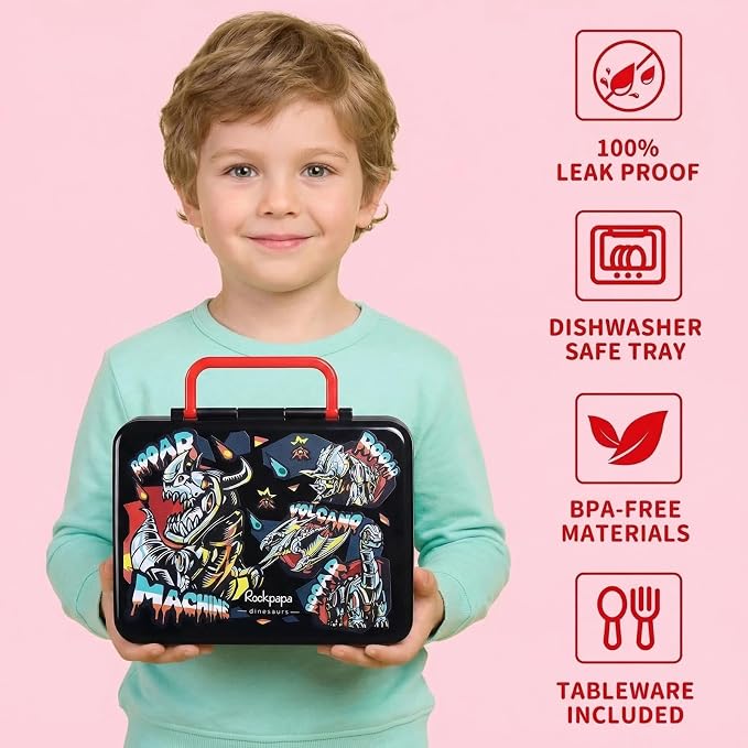 rockpapa Bento Box for Kids - Large 5.5 Cups Lunch Box with Utensils - 5 Compartments, BPA-Free, Leak Proof, Portable Handle for Boys Girls, Microwave/Dishwasher Safe (Black Dinosaur)