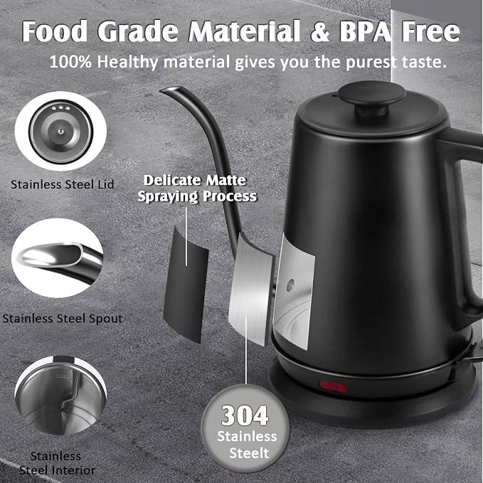 1L Electric Gooseneck Kettle, Tea Kettle for Boiling Water, Gooseneck Electric Kettle for Coffee & Tea, Fast Boiling for Pour Over, Auto Shut-Off, Boil-Dry Protection, 360° Rotational Base