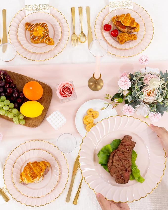 YOUBET 175PCS Pink Scalloped Plastic Plates for Party Wedding Baby Shower | Pink and Gold Disposable Dinnerware Set Include 50 Plates, 75 Gold Silverware, 25 Cups, 25 Napkins