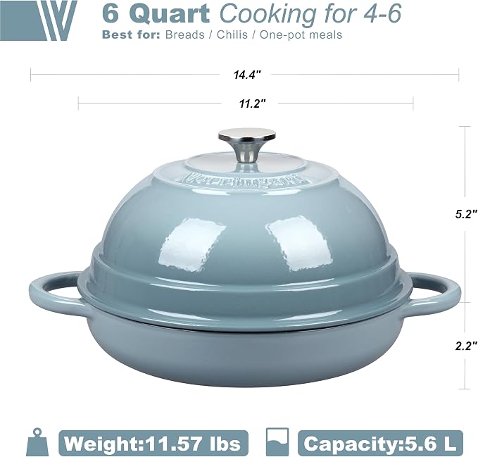 Cast Iron Enameled Dutch Oven Pot with Lid for Bread Baking, Bread Oven, 6 Quart, Sea Salt