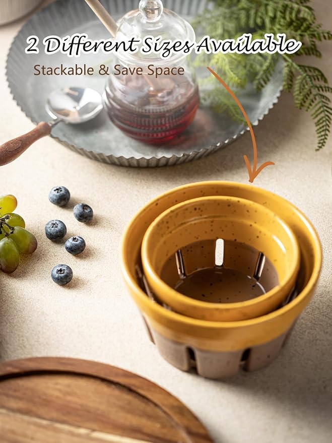 Gomakren Ceramic Berry Bowl Set of 2 Harvest Fruit Basket, Yellow + Brown | Drain Holes Keep Berries Fresh, Stackable, Wash & Serve | 5.8In Round Strawberry Grape Cherry Basket, Farmhouse Kitchen Decor