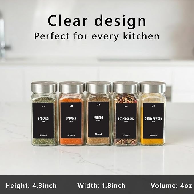Deco haus Glass Spice Jars with Stainless Steel Lids 36 x 4oz [LABELS incl] Spice Containers with 280 Labels, Funnel & Chalk Marker - Empty Herb Seasoning Containers, Small Seasoning Bottles for Herb