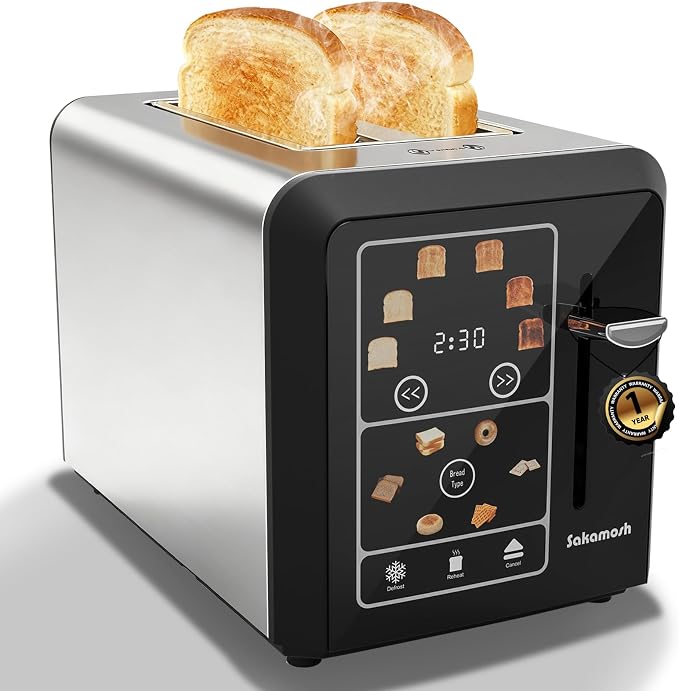 SAKAMOSH 2 Slice Touchscreen Toaster with Wide Slots for Bagels | 6 Browning Levels & 6 Bread Types, Wide Slots for Bagel, Memory Function, Defrost & Reheat & Cancel & Timer, Stainless Steel
