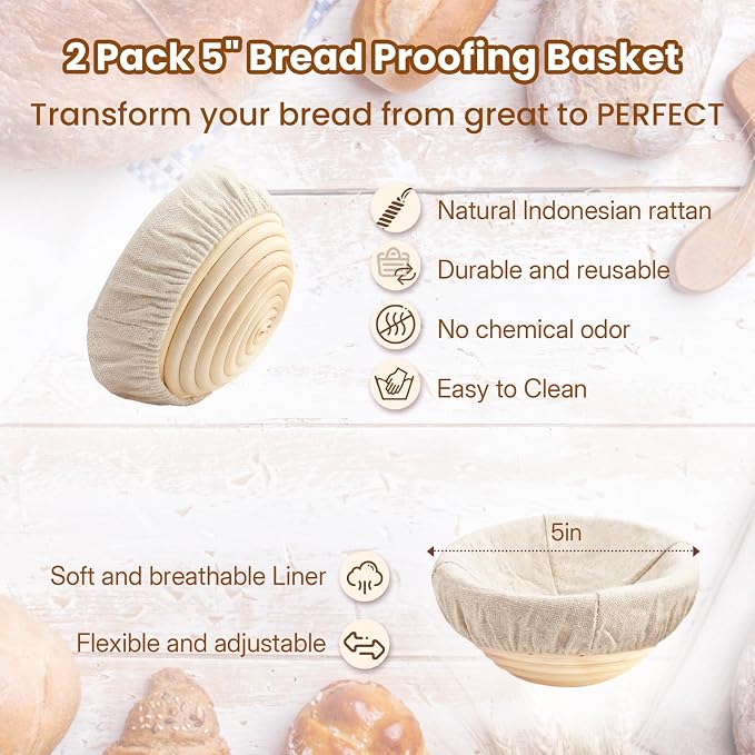 YONILL Mini Double Dutch Oven with Lid for Sourdough Bread Baking (White) | Enameled Cast Iron Pot with Lid, 5" Banneton Bread Proofing Basket Include, Dual Round Bread Loaf Pan for Homemade Baking