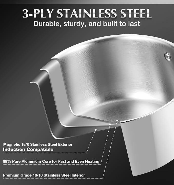 KOCH SYSTEME CS Triply Stainless Steel Saucepan, 3 Quart Stainless Steel Pot with lid, Large Cooking Pot, 3QT Sauce Pan with Stay Cool Handle, Induction Compatible Pot, Oven Safe 600°F