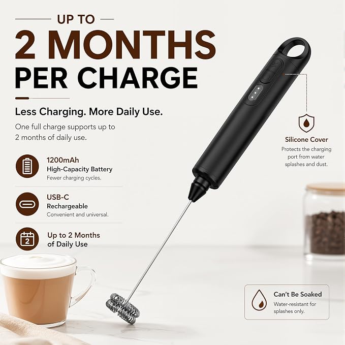 Rechargeable Milk Frother Handheld 3 Speed Coffee Foamer [3 Whisk] Electric Drink Mixer for Latte, Cappuccino, Coffee, Eggs, Hot Chocolate, Protein Black