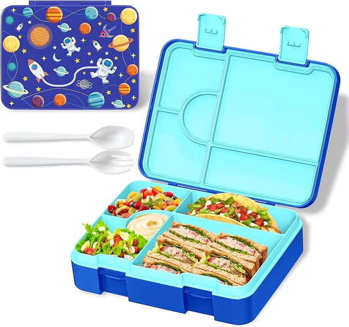 Bento Lunch Box for Kids, Leak-Proof 5-Compartment Cute Lunchbox for Boys Girls, Drop-Proof, Food Container Microwave & Dishwasher Safe, Back to School Supplies for Ages 3 to 7, Blue/Astronaut