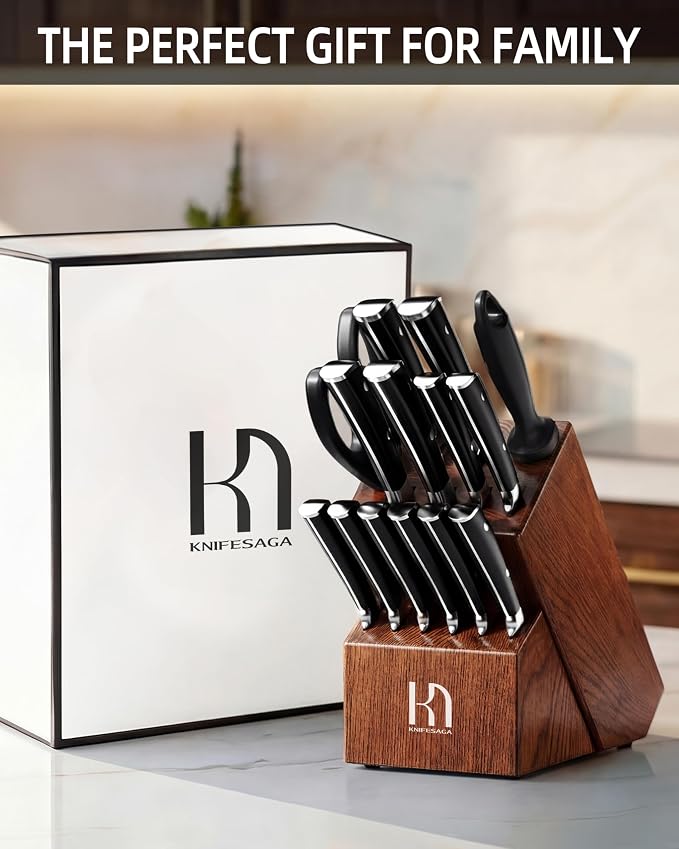 KnifeSaga Knife Set, 15 Pcs Kitchen Knife Block Set, Enduring Razor-Sharp High Carbon Stainless Steel Chef Knife Set with Block and Sharpener, Premium Knives Set for Kitchen, Ash Wood Valentine's Gift