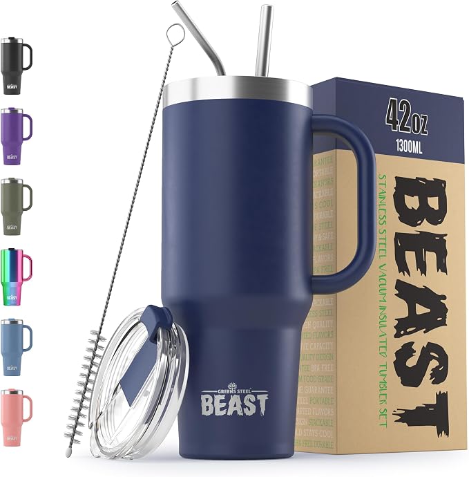 Beast 42 oz Tumbler with Handle Stainless Steel Vacuum Insulated Coffee Ice Cup Double Wall Travel Flask (Royal Blue)