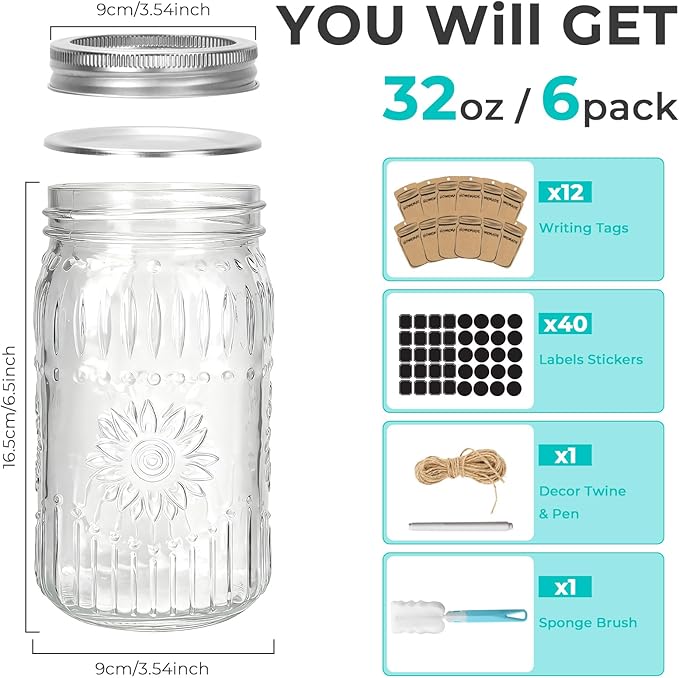 CycleMore 6 Pack 32oz Glass Mason Jars with Silver Two-Piece Lids | AirTight, BPA Free, Wide Mouth Jars, 1 Quart Canning Jars With Sunflower Print for Preserving, Decor & Storage