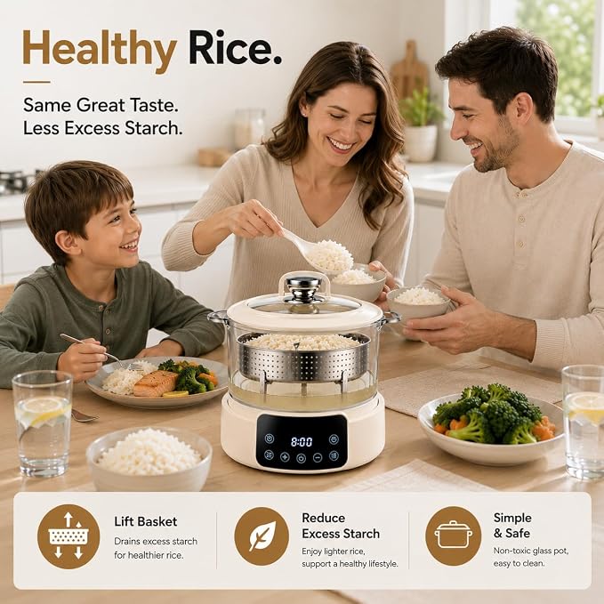 Low Carb Rice Cooker, Multifunction Smart Rice Cooker | Transparent and Visible food Steamer with Auto Lift Filter Basket