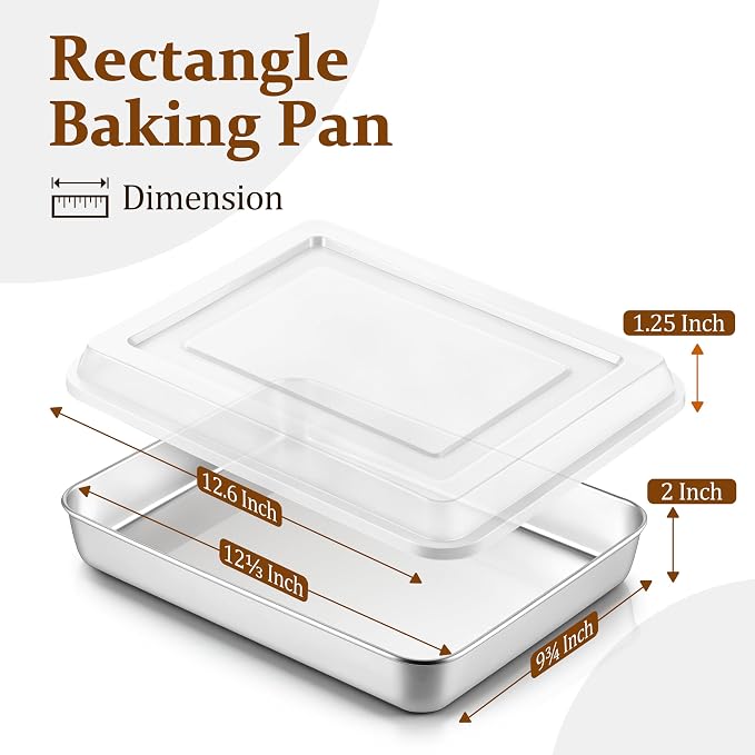 LIANYU Baking Cake Pan Set with Lid, 12⅓ x 9¾ x 2 Inch Lasagna Brownie Pan | Stainless Steel Baking Sheet, Rectangular Metal Bakeware, Oven & Dishwasher Safe Pan (1 Pan +1 Lid )