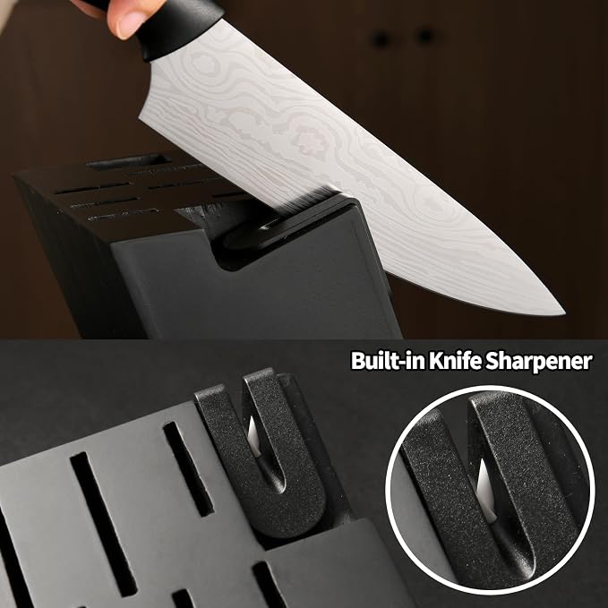 15-Piece Damascus Pattern German Steel Kitchen Knife Block Set | High Carbon Laser-Etched Blades With Built-In Sharpener. Features Ergonomic Black Anti-Slip Handles With Red Trim