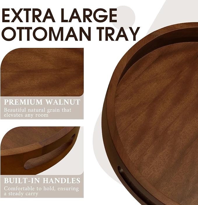 Extra Large Ottoman Tray, 16" Round Black Walnut Wood Serving Tray | Farmhouse Wooden Decorative Tray with Handles, Oversized Coffee Table Tray, Serving Platter Tray for Living Room, Countertop