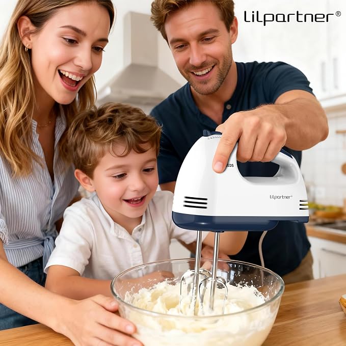 LILPARTNER Hand Mixer Electric, Ultra Power Kitchen Hand Mixer With 7-Speed & 5 Stainless Steel Accessories for Whipping Dough, Cream, Cake, Dishwasher Safe, Light White