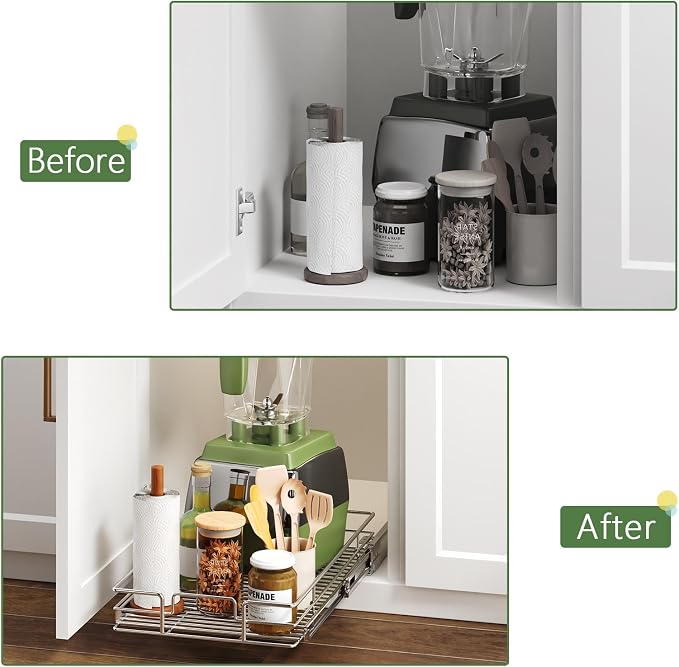Pull Out Cabinet Organizer 10½" W x 21½" D, Heavy Duty Cabinet Pull Out Shelves, Slide Out Drawers Organization for Kitchen Cabinets Bathroom