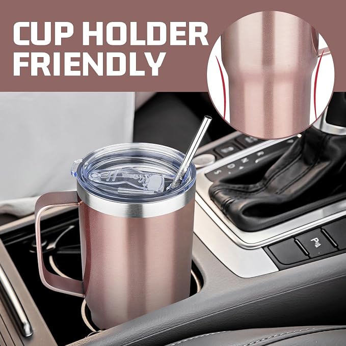 20 oz Tumbler with Handle Stainless Steel Insulated Coffee Tumbler with Lid and Straw Double Wall Vacuum Insulated Coffee Mug Leak Proof Travel Mug Tumbler for Hot and Cold Drink (Rose Gold,4pack)