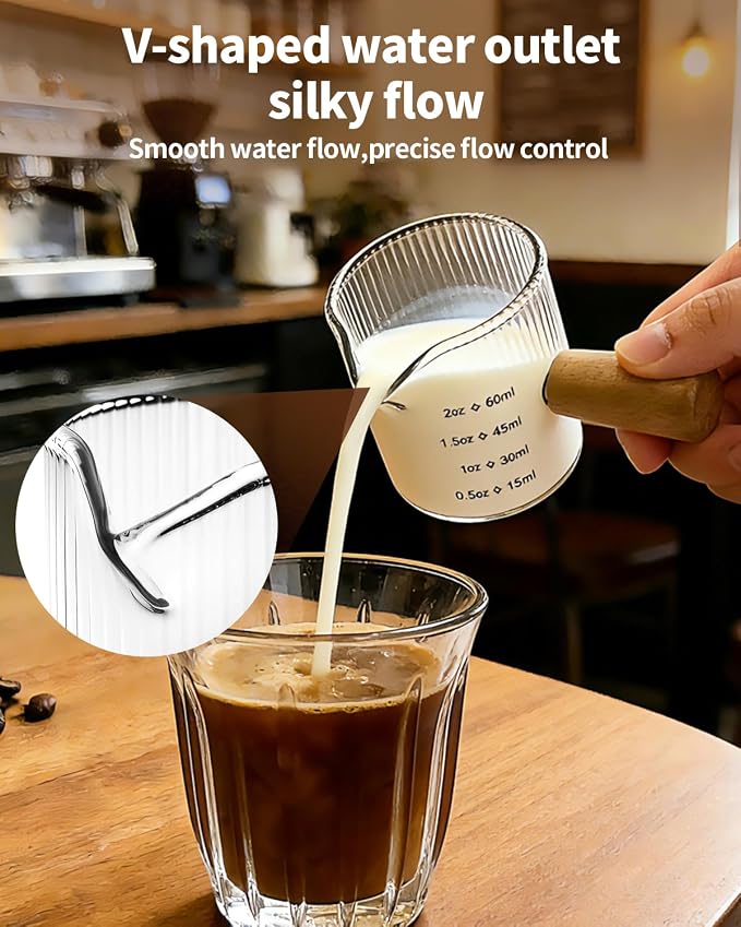 Espresso Measuring Cup 2 OZ, Espresso Glass Cups with Wood Handle, Milk Frothing Cup, Espresso Cup for Coffee, Milk, Tea or Maple Syrup Serving (Transparent, 2 oz)
