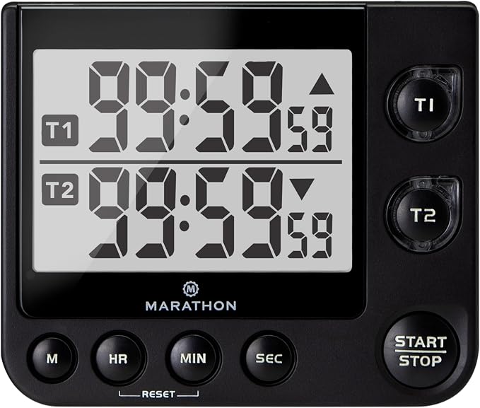 MARATHON Dual Digital Timer, 100-Hour Count Up/Down, Large Display, Black | Adjustable Alarm Volume, Flashing Visual Alert, Magnetic Back and Tabletop Stand