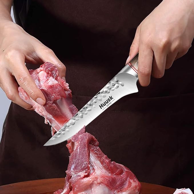 Huusk Boning Knife for Meat Cutting with Ergonomic Pakkawood Handle | 6.5" Hand Forged Japanese Fillet Knife for Meat Fish Poultry, Deboning Butcher Knives for Processing, Gift for Cooking lovers