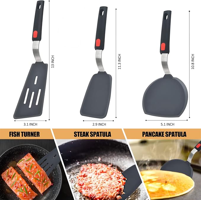 Beijiyi Silicone Spatula Turner Set of 3, 600°F Heat Resistant, BPA Free | Flexible Spatulas for Nonstick Cookware, Cooking, Flipping, Egg & Pancake, Non Scratch Kitchen Utensils, Dishwasher Safe