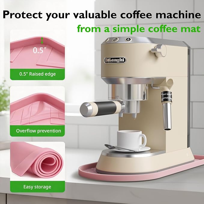 Silicone Coffee Mat,15.8"x 7.8"in Bar Mat for Countertop,Heat-Resistant,Non-Slip,Leak-Proof,Fit for Coffee Maker/Espresso Machine-Pink