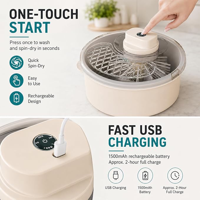 Electric Fruit Cleaner Spinner, 2-in-1 Salad Spinner, Strainer & Food Dryer, Multifunctional Fruit & Vegetable Washing Spinner Bowl, Home One-Touch Cordless Produce Cleaner Device (Yellow,Manual)