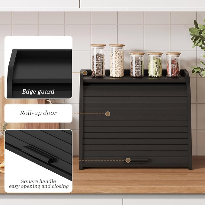 Kitsanery Bread Box for Kitchen Countertop, Bamboo Bread Storage, Double-Layer Roll-Top Bread Container, Farmhouse Bread Holder for Homemade Bread (Black, double layer)