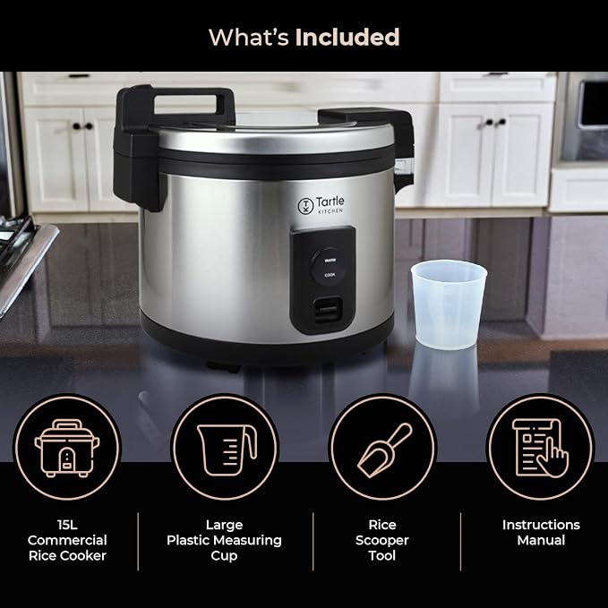 TK Commercial Rice Cooker 64 Cup - Large Capacity Nonstick Pot - Auto Warm | 32 uncooked cups ready in 45 min; 3D heating for evenly cooked rice; Stainless steel body; Swappable TK pot; Cup & scoop