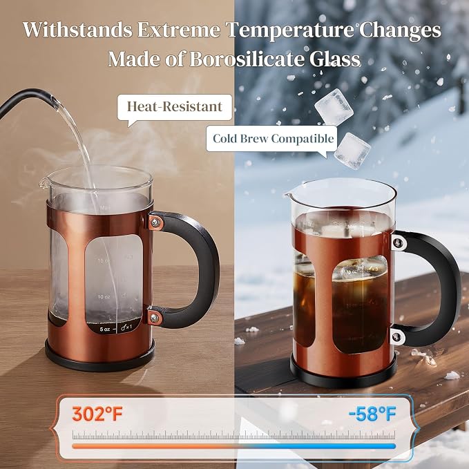 Veken French Press Coffee Maker,No Plastic Touches Cafe,21oz 0.6L Small Pot | Heat Resistant Thickened Borosilicate Glass Stainless Steel Brewer, Single Serve for Kitchen,Travel,Camping,Tea,Gifts, Copper