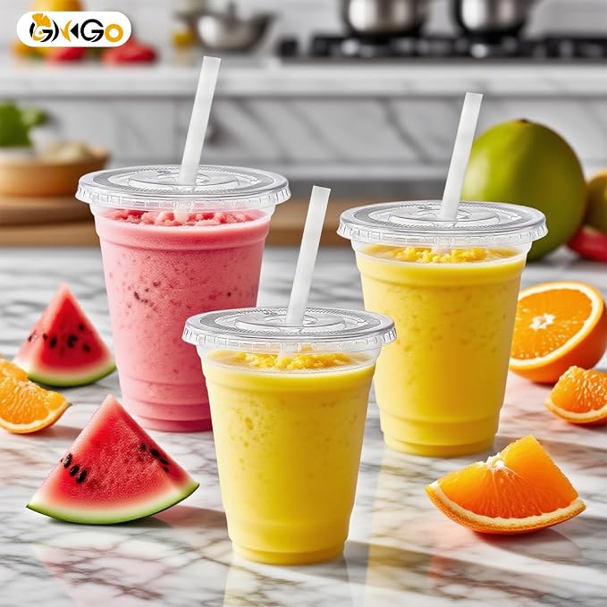 Ginkgo 100 Pack 12 oz Plastic Iced Coffee Cups with Lids and Straws | Disposable Clear To Go Cups for Milkshakes and Cold Beverages, Coffee Bar Essentials for Home and Shops