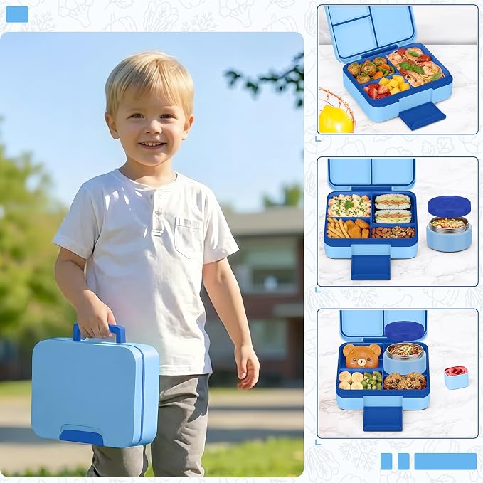 WyfKyd Bento Lunch Box with Soup Thermo Hot Food Container for Kids Adults | Bento Box with 9.5oz Soup Thermo Kids Leak-proof Lunch Container with Stainless Steel Insulated Hot Food Jar for School Blue