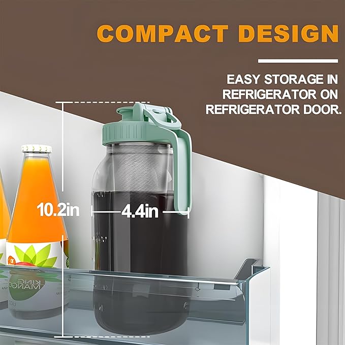 Cold Brew Coffee Maker, 64 oz Glass Mason Jar Pitcher | 100μm stainless steel filter, wide mouth design, leak-proof lid with handle, pour spout for iced coffee, tea and cold drinks