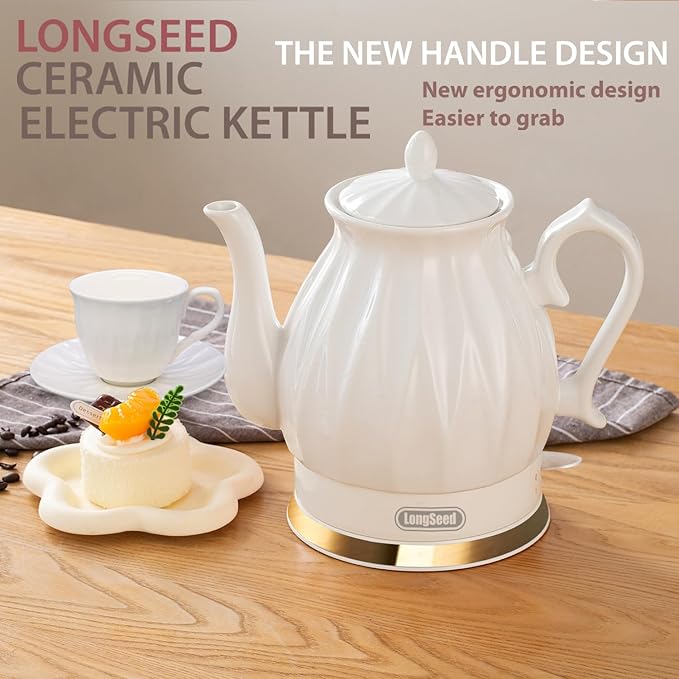 Ceramic Electric Kettle, 1.5L/1200W Boil Water Quickly and Easily with Boil-Dry Protection Auto Shut Off, Detachable Swivel Base, Diamond Cut Glazed