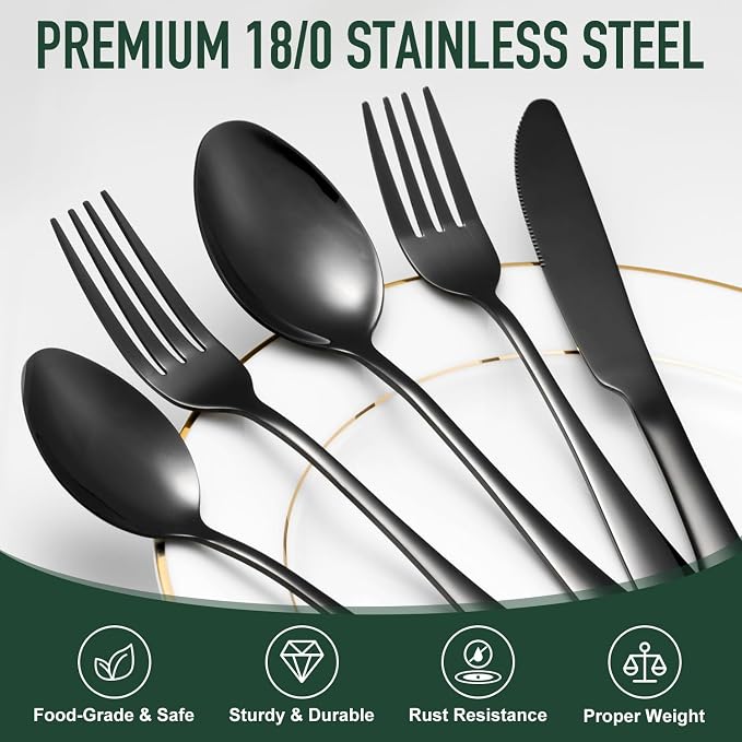 21 Pcs Black Silverware Sets with Organizer Spoon Fork Set Eating Utensils | 18/0 Stainless Steel Kitchen Cutlery Silverware Set Matte Black Dish Flatware Sets for 4 Tableware Forks Spoon and Knives Set