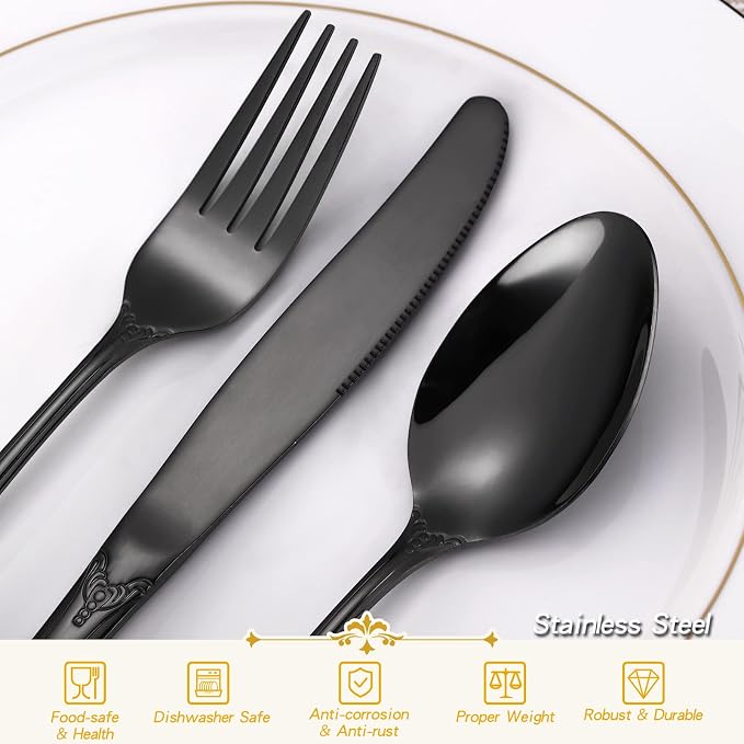 48 Pieces Black Gorgeous Retro Royal Silverware Set with Steak Knives For 8,Stainless Steel Fine Vintage Service Flatware Set Anti-rust Dark Unique Utensil Fork Spoon Knife, Dishwasher Safe