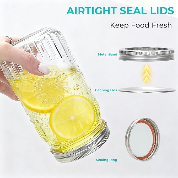 CycleMore 9 Pack 32oz Large Mason Jars with Metal Lids & Bands | AirTight, BPA Free, Wide Mouth Jars, 1 Quart Canning Jars With Sunflower Print for Crafts & Homemade Gifts
