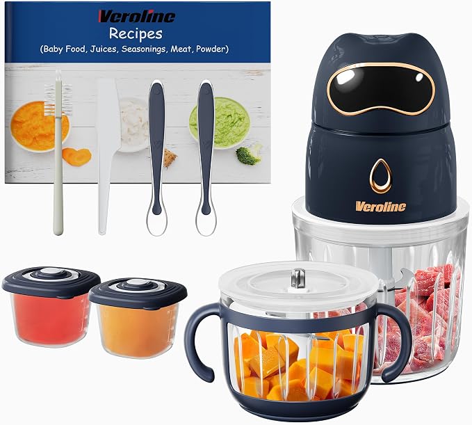 Baby Food Maker, Puree Blender Set with 600ml & 300ml Glass Bowls | Makes Smooth Baby Puree from Fruit, Meat & Vegetables, Includes Matching Baby Food Storage Containers, Baby Essentials