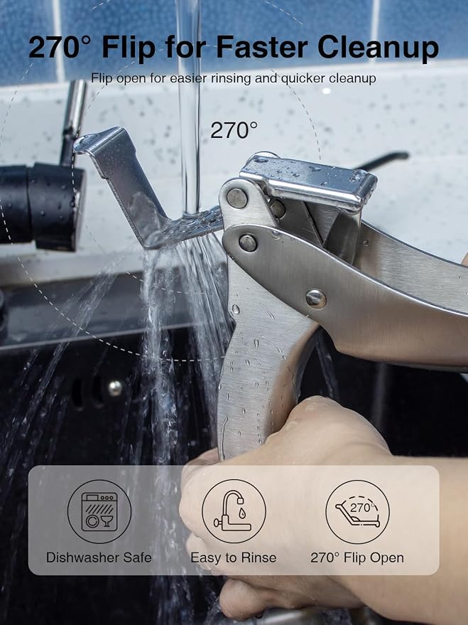 Garlic Press, No-Peel Garlic Crusher with 270° Flip for Easy Cleaning | 304 stainless steel press with an easy-lever handle, fine garlic texture and dishwasher-safe cleanup for everyday meals
