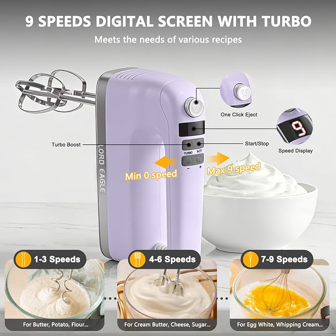 Lord Eagle 9-Speed Digital Hand Mixer Electric Handheld, 500W DC Motor | Kitchen Mixer for Cake Baking, Lightweight Egg Beaters with Stain-resistant & Waterproof Storage Bag & 6 Accessories, Purple