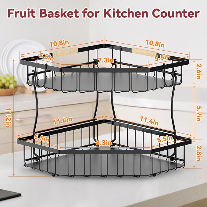 2 Tier Fruit Basket for Kitchen Counter with 2 Banana Hangers for Corner | Detachable Metal Fruit Bowl with Wooden Handle, Large Capacity Fruit Stand for Bread Fruit and Vegetable Storage, Black