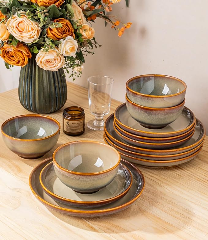 Ceramic Dinnerware Set for 4, 12-Piece Plates and Bowls Set | Handmade Reactive Glaze Dish Set, Scratch Resistant, Oven & Microwave & Dishwasher Safe, Creamy Amber