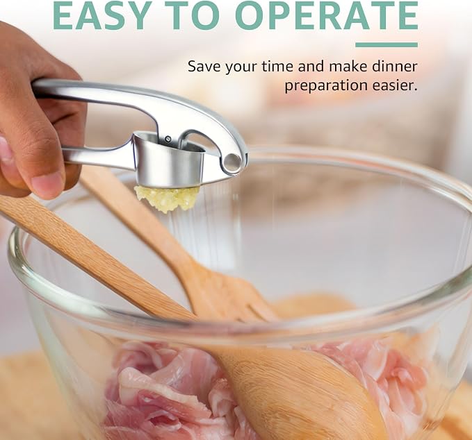 Garlic Press Crusher & Mincer – Easy Squeeze Ergonomic Handle, Heavy Duty Zinc Alloy, Dishwasher Safe, Includes Peeler & Cleaning Brush – Garlic Ginger Crusher Tool (Silver)