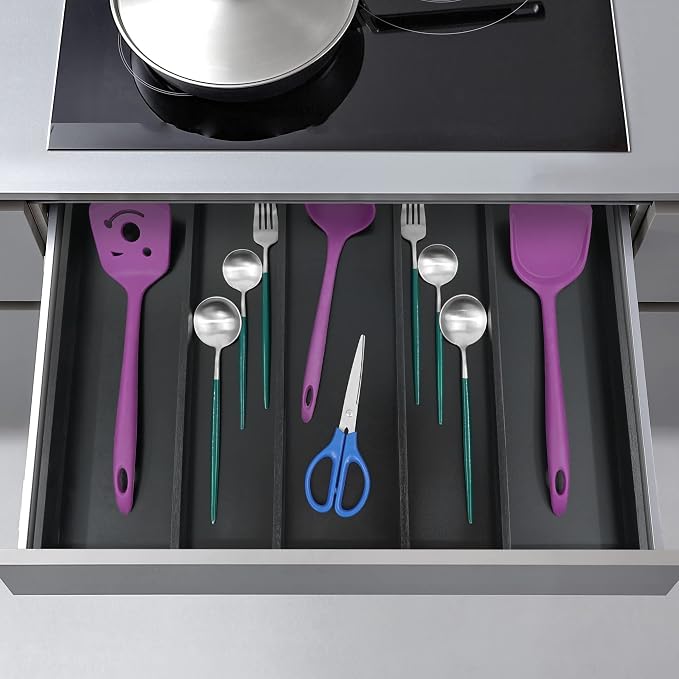 Utoplike Bamboo Drawer Organizer Kitchen Utensils, Silverware Tray Black | Adjustable Cutlery Holder Organiser, Expandable Drawer Divider for Flatware, Knives in Kitchen, Bedroom, Livingroom, 3-5 Slot